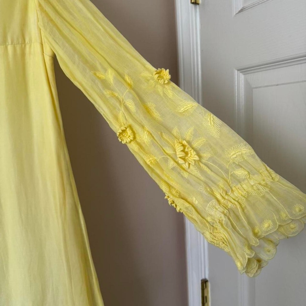 Vintage 60s / 70s Lemon Yellow Sheer Long Sleeve Maxi Dress 3D flower applique - Picture 2 of 8